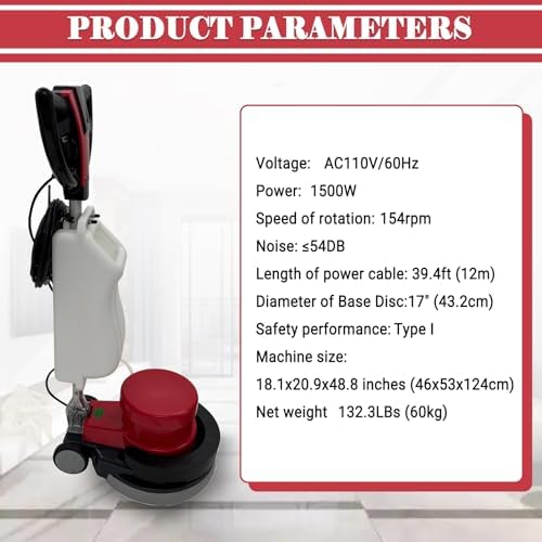 1500W Floor Buffer Polisher Machine 17" Floor Scrubber 154RPM Commercial Burnisher Buffer with 3.17 Gal Tank 110V - Image 6