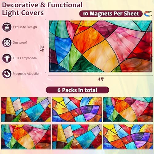 6 Pcs Fluorescent Light Covers with 60 Magnets Decorative for Classroom Ceiling Lights 4 x 2 Feet Magnetic Light Cover Filter Easy Install for Office Hospital Home Ceiling Supplies (Stained Glass) - Image 2