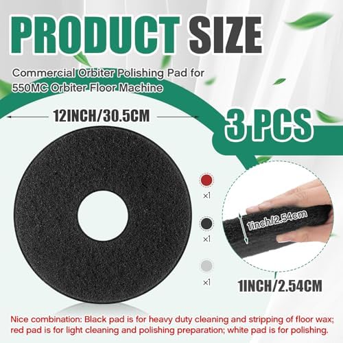 Teenyyou 3 Pcs 12" Cleaning Orbiter Pads Commercial Floor Buffer Pads Hardwood Floor Maintenance Scrubber Polisher Cleaning and Stripping for Orbiter Machine (Black,Red,White) - Image 2