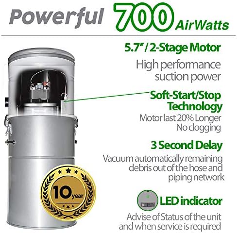 OVO 700 Airwatts Large and Powerful Central Vacuum System, Hybrid Filtration (with or Without Disposable Bags) 25L or 6.6 Gal, 35 ft Deluxe Accessory Kit Included - Image 3