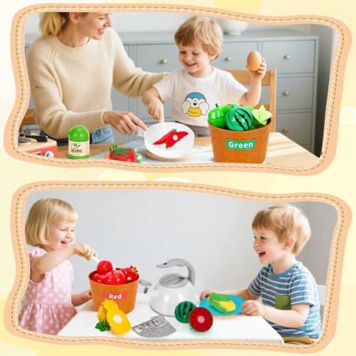 90Pcs Kitchen Playset Accessories, Pretend Cooking with Pots, Pans, Cookware, Food, Fruit, Veges, Color Sorting Baskets, Prop Money, Learning Gift for Girls Boys Toddlers (White) - Image 6