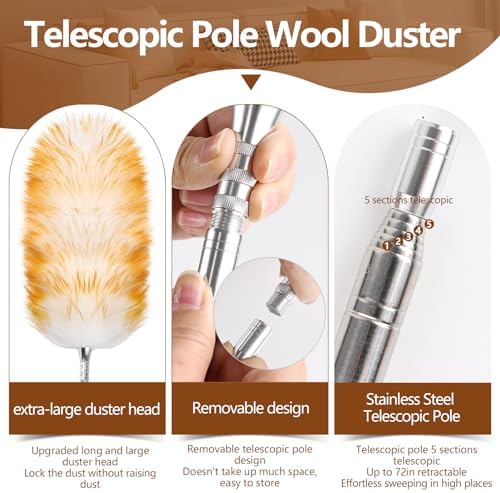 Lambswool Duster for Cleaning with Solid Wooden Handle Leather Hang Strap 87.8" Removable Retractable Feather Duster for Cleaning Ceiling Fans Window Blinds Interior Roof Furniture(2 Pack) - Image 4