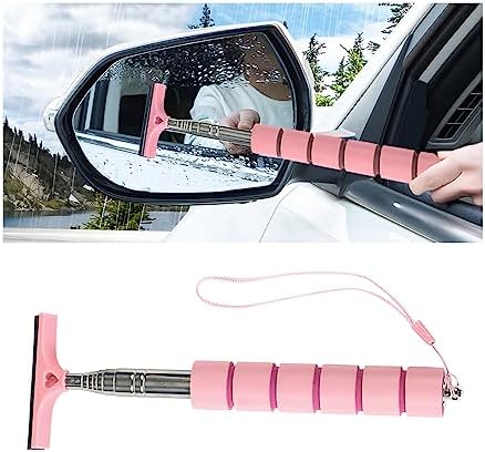 AICEL Car Side Mirror Squeegee, Rearview Mirror Wiper with Telescopic Long Handle, Retractable Small Auto Window Squeegee Cleaner, Portable Glass Cleaning Tool Universal Car Accessories (Pink) by AICEL