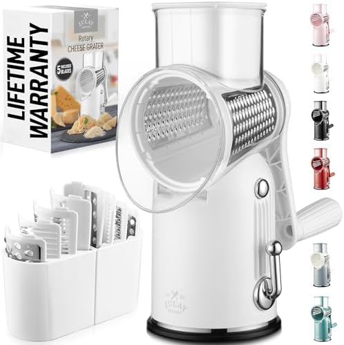 Rotary Cheese Grater Manual Hand Crank 5 Blade Shredder, Classic White by ZulayKitchen