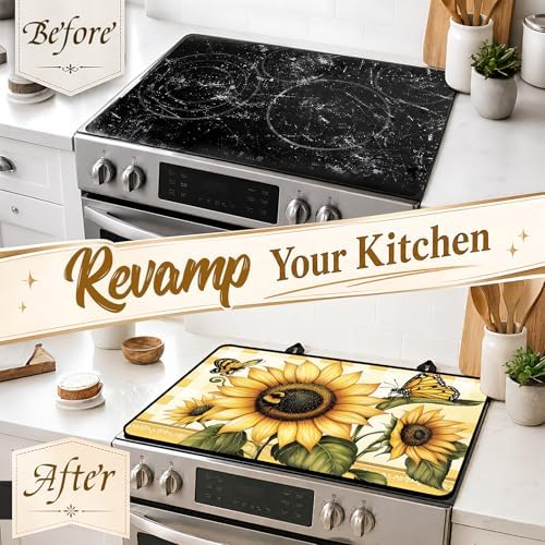 Electric Stove Top Cover - Heat Resistant Floral Stove Cover & Stove Top Protector, Reusable, Easy to Clean, Stylish Home Upgrade. (Sunflower Check, 28"L x 20"W) - Image 4