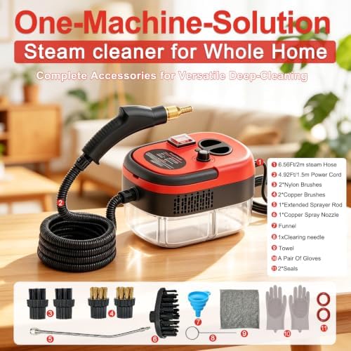 Steam Cleaner, Portable Pressurized Steamer for Cleaning with 14pcs Accessories, 6-Level Adjustable and 15s Heat-Up, Handheld Steam Cleaner for Home, Tile, Dirt, Grout, Grease, Car Detailing(Red) - Image 2