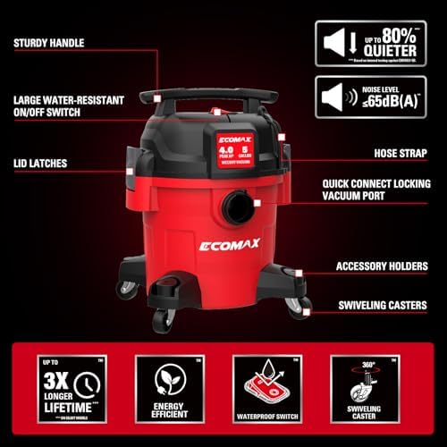 ECOMAX Ultra Quiet Shop Vacuum Wet and Dry 5 Gallon 4 HP - Image 2