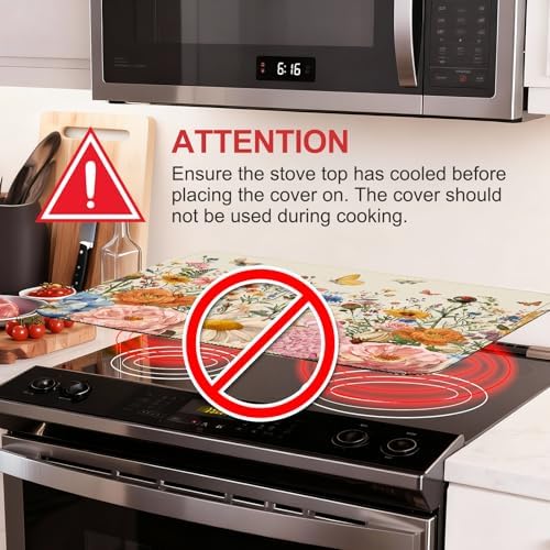 Retro Floral Stove Top Cover for Electric Stove, Wild Flowers Range Covers for Electric Stove, Rubber Dish Drying Mat, Glass Cooktop Covers, Flat RV Range top Mats, 28"x20" - Image 3