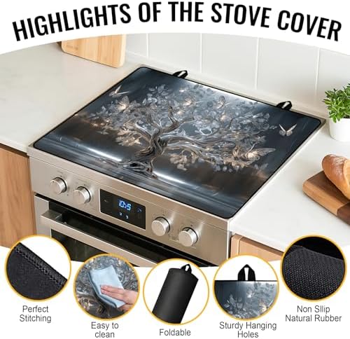 NYZE 28" x 20" Electric Stove Top Cover - Silver Tree of Life Glass Stovetop Protector Mat, Heat Resistant Silicone Stove Topper & Counter Space Saver for Modern Kitchen Decor - Image 2