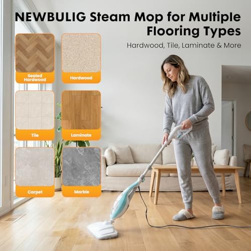 NEWBULIG 14-in-1 Steam Mop, Powerful Detachable Handheld Steam Cleaner for Floor Cleaning with 2 Washable Pads, 16.4 FT Cord, Multi-Purpose Floor Steamer for Hardwood, Clothes, Carpet, Tile, Grout - Image 2