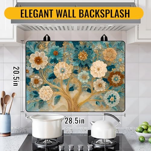 NYZE Stove Top Cover for Electric Stove 28x20 Inch Silicone Stove Topper & Protector, Decorative Kitchen Mat for Electric/Glass Stove Top (Cream & Gold Floral Tree) - Image 3