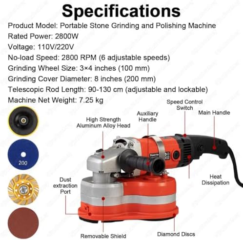 Industrial 2800W Concrete Grinding and Polishing Machine, 3-Head Electric Diamond Grinder with 8” Coverage, 6 Adjustable Speeds, for Professional Concrete, Stone, Marble, and Metal 03 - Image 3