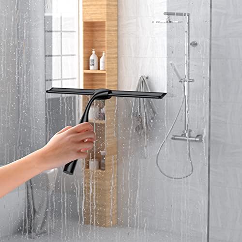 Shower Squeegee for Glass Doors, 10-Inch Stainless Steel Squeegee Bathroom Doors Mirror Car Windows with Matching Hooks Holder and Replacement Blade (Black) - Image 2