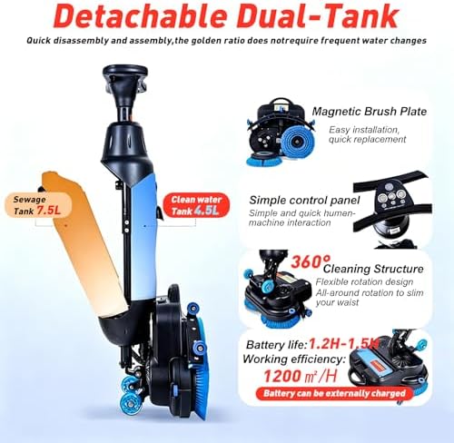 Walk Behind Floor Scrubber, Commercial Floor Cleaning Machine with Dual Brushes, 360° Swivel Head, 13000 Sqft/H, 90~120Min Runtime for Workshops, Garages & Large Floor Areas Grey - Image 5
