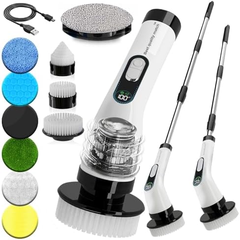 Electric Spin Scrubber for Cleaning, Cordless Power Scrubber with Long Handle, 10 Replaceable Brush Heads, 2-Speed, IPX7 Waterproof for Bathroom, Shower, Tub, Tile & Kitchen by Unknown