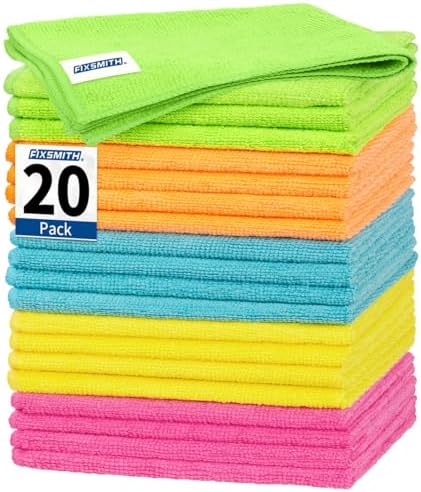 FIXSMITH Microfiber Cleaning Cloth, 20 Pack Cleaning Rags, Cleaning Towels for Housekeeping, Kitchen, Car, Lint-Free, Reusable Shop Towels with 5 Colors (Green/Blue/Yellow/Orange/Pink), 12"X12" by FIXSMITH