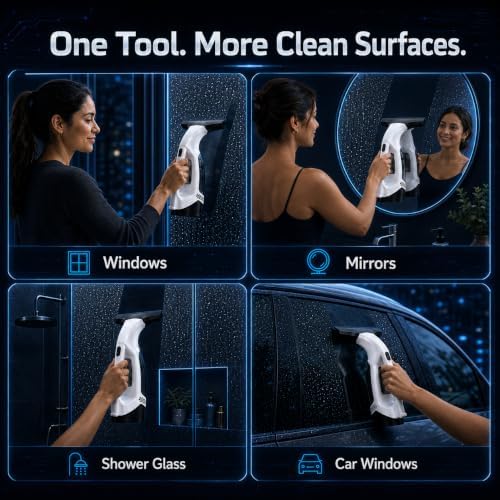Window Vacuum Squeegee with Long Handle, Cordless Window Vacuum Cleaner, Electric Window Cleaner and Shower Glass Cleaner for Mirrors, High Windows, Tiles, Car Windows, 3000Pa, Type-C(Black) - Image 3