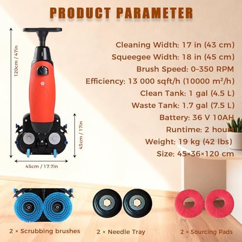BANGBANGJI Industrial Commercial Floor Scrubber, 17” Floor Buffer Machine, Cordless Design, Dual Rotary Brushes, 360° Rotating Head for Grouted Tile & Concrete - Image 2