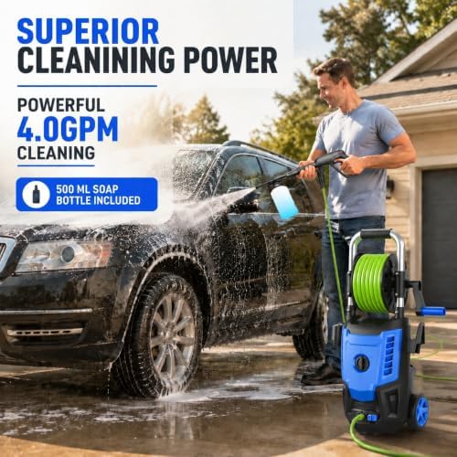 2026 New Electric Pressure Washer 4800 PSI 4.0GPM High Power Washer with 33ft Hose Reel,4 Nozzles and Foam Cannon for Cars/Home/Driveways/Patios/Fences, Blue - Image 6