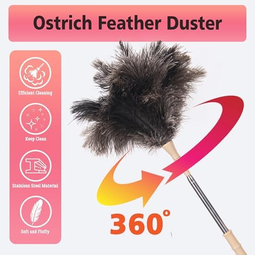 Extendable Ostrich Feather Duster, Natural Ostrich Feathers Long Handle Duster for Cleaning, 47” Soft & Fluffy Feather Duster for High Ceilings, Fans, Walls, Furniture, Home Dusting - Image 4