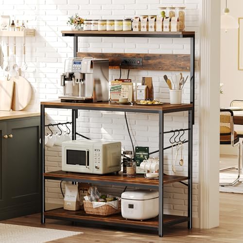 SUPERJARE Bakers Rack with Power Outlets, Microwave Stand, 39.4 X 14.3 Inch Larger Desktop, Kitchen Storage Rack with Adjustable Middle Shelf, 6 S-Shaped Hooks, Coffee Bar Stand, Rustic Brown - Image 2