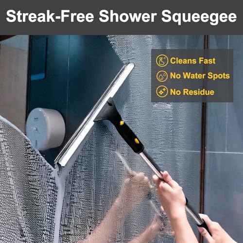 14" Window Cleaning Tool, All-Purpose Extendable Window Squeegee with 2 Blades and Stainless Steel Pole, Shower Squeegee for Glass Doors,Shower Doors, Windows, Bathroom and Car Windshields - Image 5