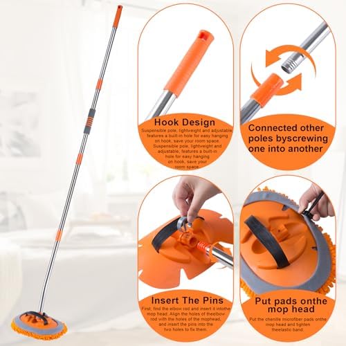 Wall Cleaner Mop with 68” Long Handle,15°Labor-Saving Elbow,Multi-Surface Duster for Painted Walls,Floor,Baseboard & Windows, Includes 2 Replaceable Microfiber Chenille Pads - Image 4