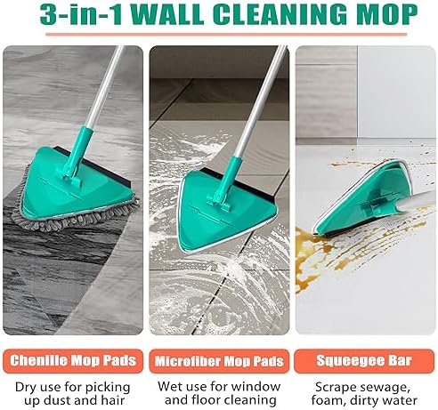 JEHONN Wall Cleaner Mop with Long Handle 82 Inches, 3-in-1 Ceiling Cleaning Tool Duster with 6 Replacement Microfiber Chenille Pads for Painted Walls, Baseboard, Window, Floor (Green) - Image 2