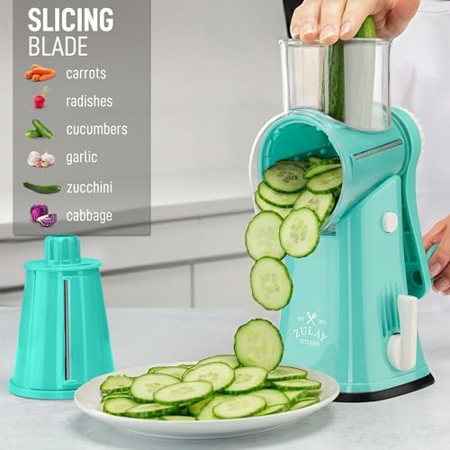 Rotary Cheese Grater Manual Hand Crank 5 Blade Shredder, Teal - Image 5