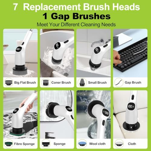 WKY-Electric Spin Scrubber - 10-in-1 Cordless Shower Scrubber & Cleaning Brush with Extendable Handle, 44 in-lbs Ultra High Torque, 2 Speeds, IPX7, LED Display, Smart AI Chip, for Bathroom, Kitchen - Image 5
