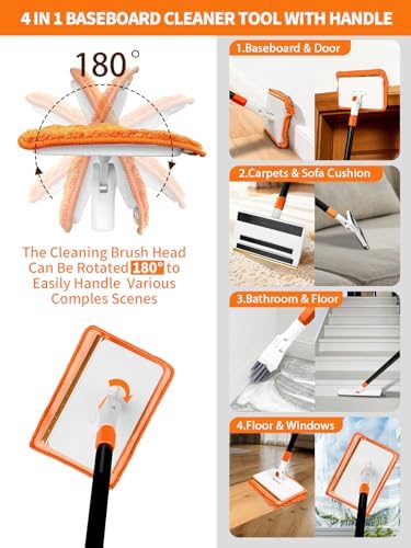 4-in-1 Baseboard Cleaning Tool with Extendable Handle 5 Reusable Pads 1 Carpet Rake Stiff Bristle Brush Multi-Surface Baseboard Brush for Cleaning Baseboard Wall Carpet Floor Bathroom Kitchen Pet Hair - Image 3