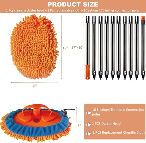 20 Feet High Reach Wall Duster - Chenille Microfiber Cleaning Head Wall Mop with 3-14 ft Spliceable Pole | Wall Cleaner for Roof Car Home Walls and High Ceilings | Washable Cleaning Cloth - Image 2