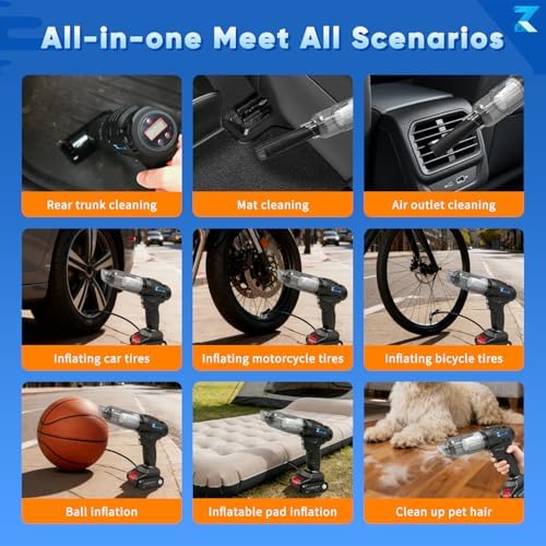 3 in 1 Cordless Car Vacuum and Air Compressor, LED Light,5000PA Powerful Suction&150PSI Auto-Shutoff Tire Inflator, with 3 Filters,45W Fast Charging for Car, Home,Motorcycle, Bicycle, Air Mattres - Image 6
