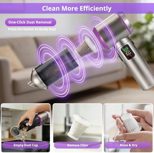 Cordless Handheld Vacuum with 17000Pa Suction, Portable Car Vacuum Cleaner for Pet Hair, Home & Desk, 3-Speed, LED Light, 4-in-1 Nozzles, Type-C Charging - Image 6