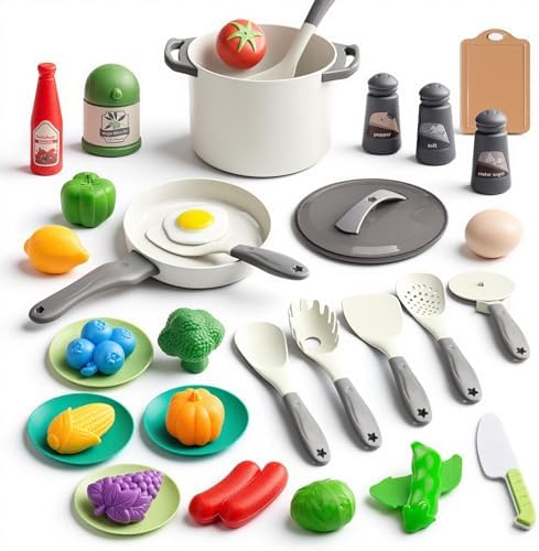35Pcs Kids Kitchen Toy Accessories, Toddler Pretend Cooking Playset with Play Pots, Pans, Utensils, Cookware, Play Food Set, Toy Vegetables, Learning Gift for Girls & Boys (White) by JOKERKING