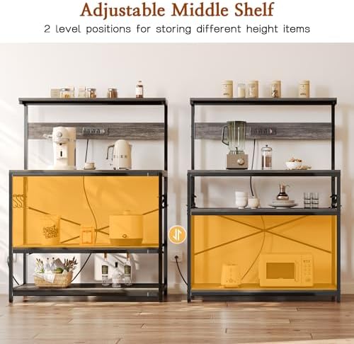 SUPERJARE Bakers Rack with Power Outlets, Microwave Stand, 39.4 X 14.3 Inch Larger Desktop, Kitchen Storage Rack with Adjustable Middle Shelf, 6 S-Shaped Hooks, Coffee Bar Stand, Grey - Image 5