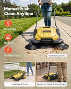 VEVOR Walk-Behind Hand Push Floor Sweeper, Manual Floor Sweeper Non-Electric with 25.6" Sweeping Width, 5 Gallons Waste Container & Adjustable Folding Handle for Yards Walkways Patios Garages - Yellow - Image 3