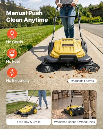 VEVOR Walk-Behind Hand Push Floor Sweeper, Manual Floor Sweeper Non-Electric with 25.6" Sweeping Width, 5 Gallons Waste Container & Adjustable Folding Handle for Yards Walkways Patios Garages - Yellow - Image 3