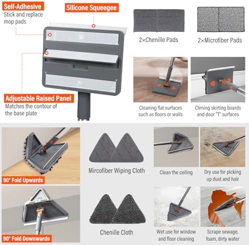 Baseboard Cleaner Tool with Handle, Wall Mop with Squeegee, 8 Pads - Image 3