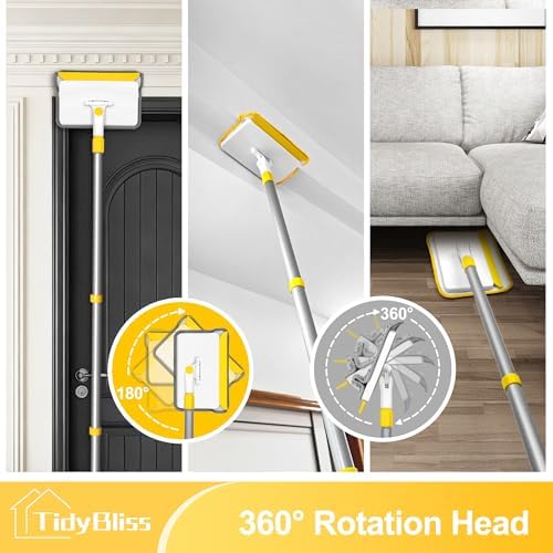 TidyBliss Baseboard Cleaner Tool with Handle, 55.9” Long Wall and Base Board Cleaning Mop, 4 Reusable Pads, 1 Stiff Bristle Scrubber Brush for Floorboard Ceiling Cabinet Window Bathroom (Yellow) - Image 5