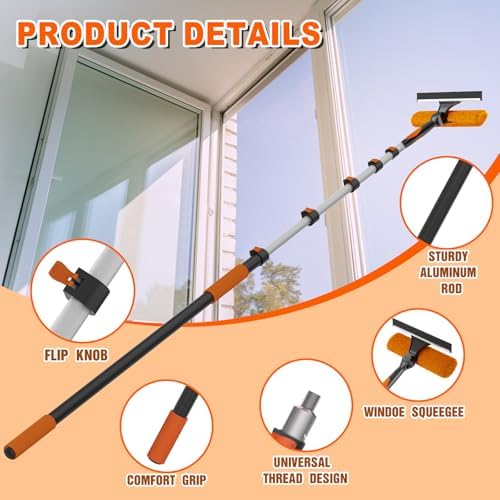 SISUPASSIE 30FT Reach 2-in-1 Window Squeegee, Professional Window Washing Kit with 5-24FT Extension Pole for Home, Indoor Outdoor Squeegee with Rotatable Head for High Windows - Image 2