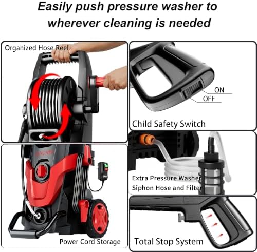 2026Upgraded 4800 MAX Pressure Washer w/5 Quick Connect Nozzles, 35ft Power Cord w/GFCI, Inlet Hose & Filter& Soap Tank for Cars/Driveways/Home Cleaning, Bright Red - Image 5