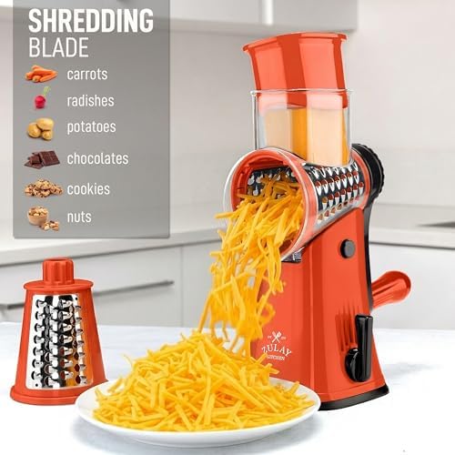 Rotary Cheese Grater Manual Hand Crank 5 Blade Shredder, Orange & Black - Image 3
