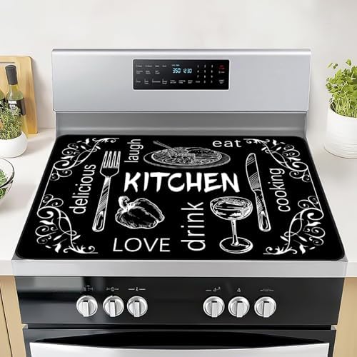 Black Stove Top Covers for Electric Stove, Mother Day Stove Cover Heat Resistant Glass Stove Top Pad, Kitchen Farm Decor Seasonal Induction Cooktop Protector Stove Top Mat Washable Oven Cover by Seimip
