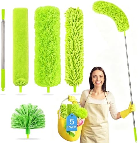 Tiumso Duster with Extension Pole 100 inch Extendable Reusable Dusters for Cleaning 5-in-1 Anti-Spin Dusting Kits for High Ceiling Fans, Cobwebs & Vents, Reinforced Stainless Steel Telescopic Handle by Tiumso