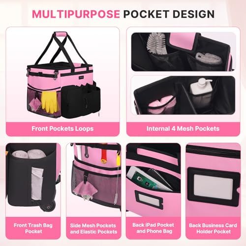 JKAOO Large Rolling Cleaning Caddy Bag with Detachable Trolley, Pink - Image 5