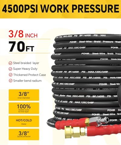 3/8'' Pressure Washer Hose 75ft with Swivel Quick Connect, 4500PSI - Image 2