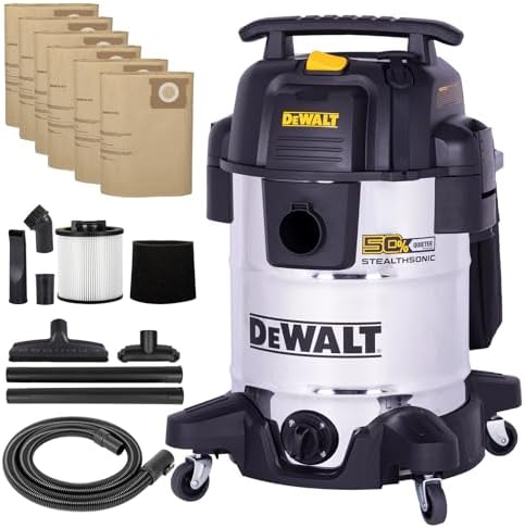 DEWALT 10 Gal Stealthsonic Shop Vacuum Wet and Dry, 5 Peak HP Heavy-Duty Stainless Steel Shop Vac, Ultra-Quiet with Complete Accessory Kit & 6 Dust Bags - Ideal for Job Sites, Workshops & Garages by Unknown