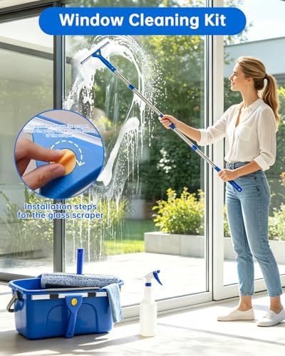 Window Cleaning Kit with Storage Bucket, Squeegee Cleaner Tool with Extension Pole, Glass Cleaning Tools Set with Spray Bottle, Brush, Scrubber, Gap Brush & Gloves for Window Shower Mirror Car - Image 4