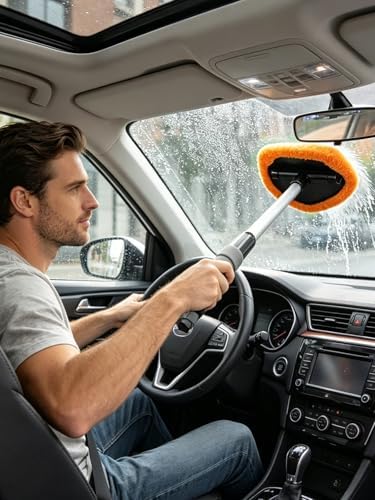 Car Windshield Cleaner Tool with Reusable Pads Extendable Handle (Orange) - Image 2